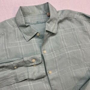 Tommy Bahama Linen Shirt XL Mint Windowpane Check Casual Mens‎